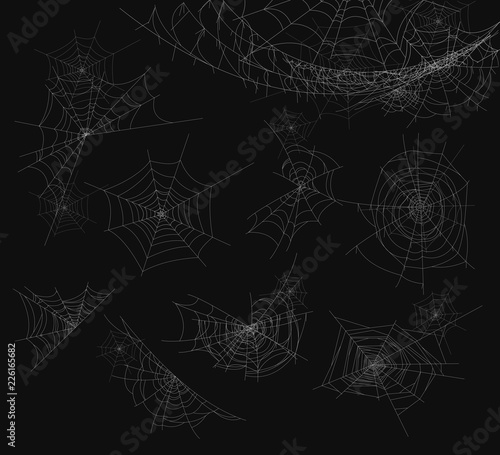 Vector illustration of spider web isolated on black background. Cobweb set.