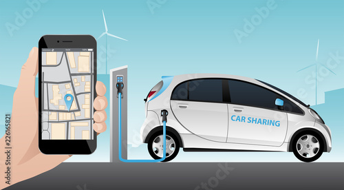 Hand with phone on a background of white carsharing electric car with charging station. Vector illustration EPS 10
