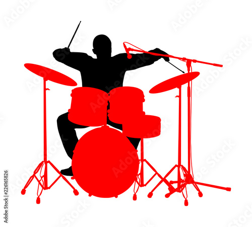 Drummer player vector silhouette. Rock and roll band artist vector silhouette illustration. Musician play drums on stage. Super star music concert show. Great event for fan supporters. 