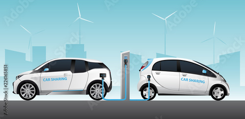 Two carsharing electric car with charging station. Vector illustration EPS 10
