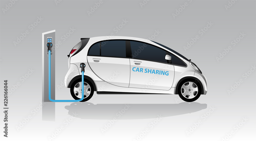 White carsharing electric car with charging station. Vector illustration EPS 10