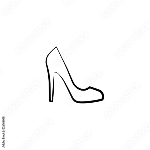 Female shoe with high heel. Elegant black slipper with spike heel on while background. Vector illustration.