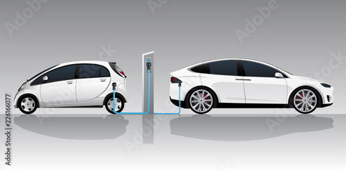 Two white electric cars with charging station. Vector illustration EPS 10