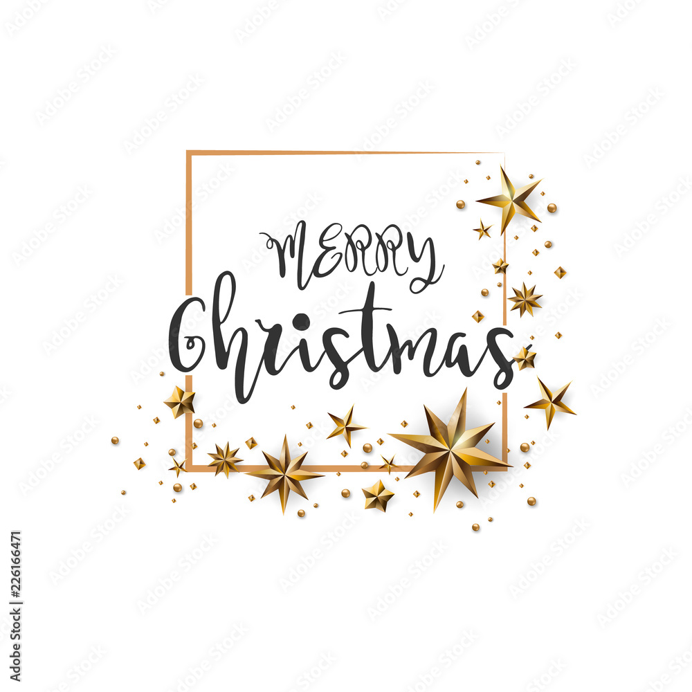 Merry Christmas Calligraphic Design and Decorated with Golden Stars and Beads and pyramid