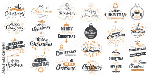 Merry Christmas Calligraphic Design and Decorated with Golden Stars and Beads and pyramid on dark grey background 