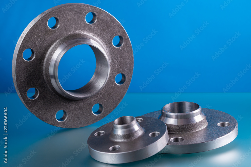 Weld-neck flanges, set of steel welding fittings.