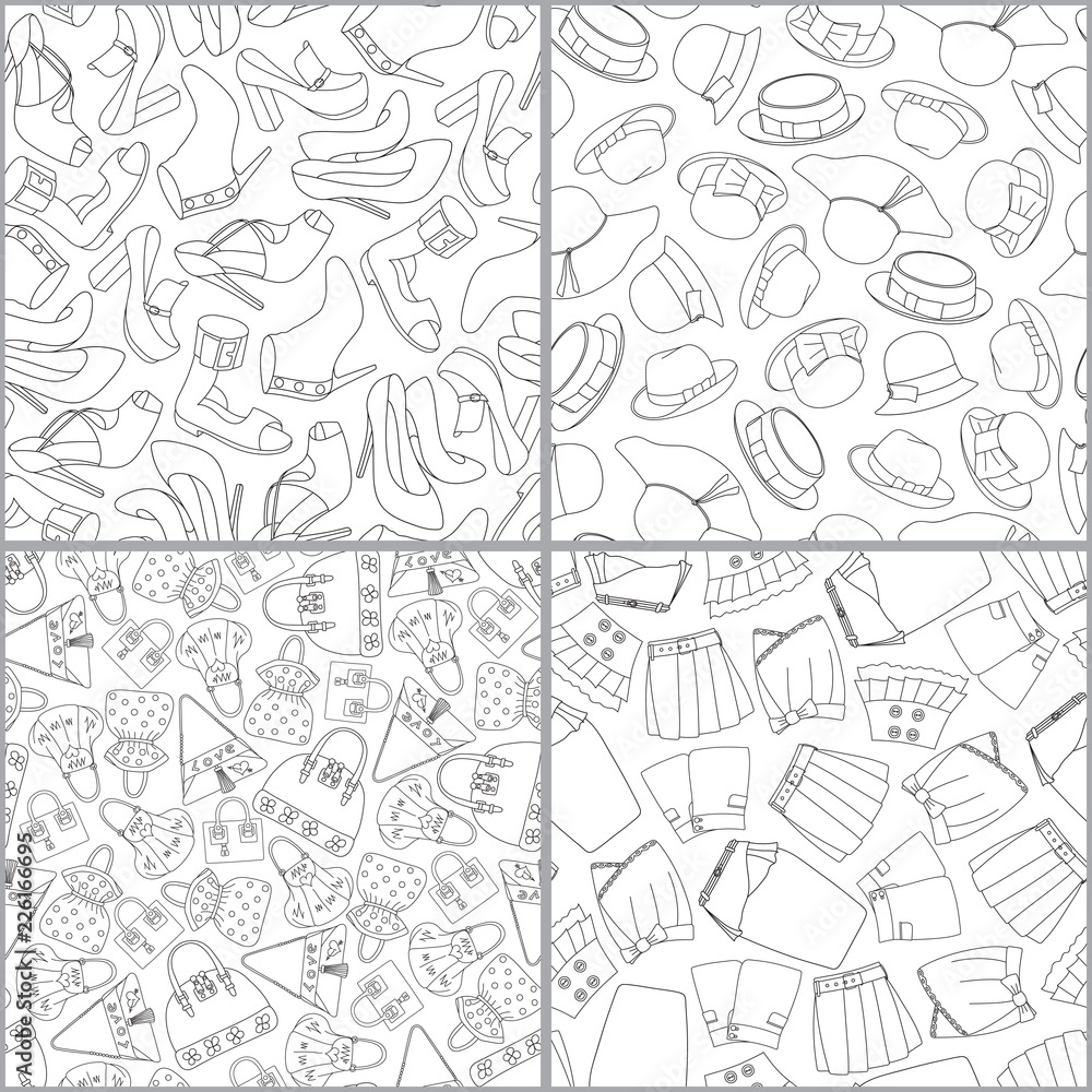 Set of perfume, shoes. hats, skerts, bags seamless pattern background Set of perfume, shoes. hats, skerts, bags seamless pattern background