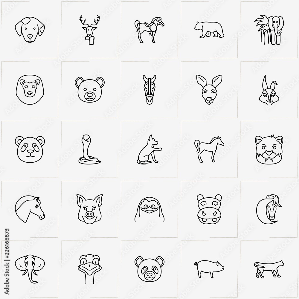 Animals line icon set with dog, bear and cobra