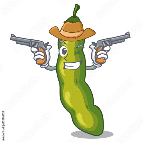 Cowboy character green beans in wooden plate