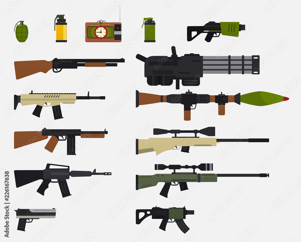 Modern battle weapons. Set of military weapons, automatic firearms, rifles,  shotgun, revolver, grenades, explosive device. Stock Vector