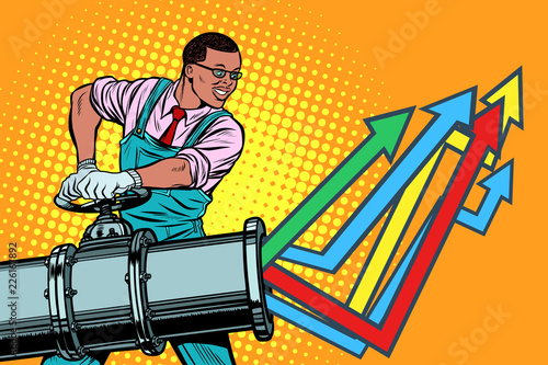 African businessman opens pipe, growth chart up