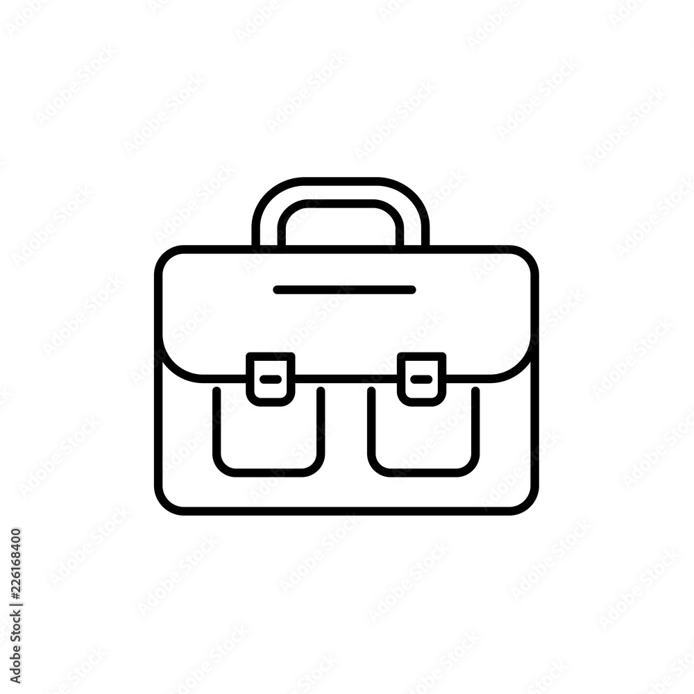 Black & white vector illustration of briefcase with 2 pockets. Line icon of bag for lawyers & business people to carry papers, briefs. Isolated object on white background. Black & white vector illustration of briefcase with 2 pockets. Line icon of bag for lawyers & business people to carry papers, briefs. Isolated object on white background.