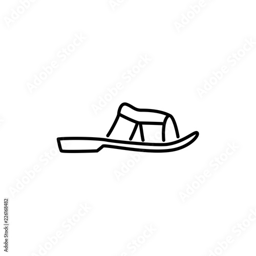 Black & white vector illustration of mules or slippers. Men’s summer slide shoes. Line icon of male footwear. Isolated on white background.