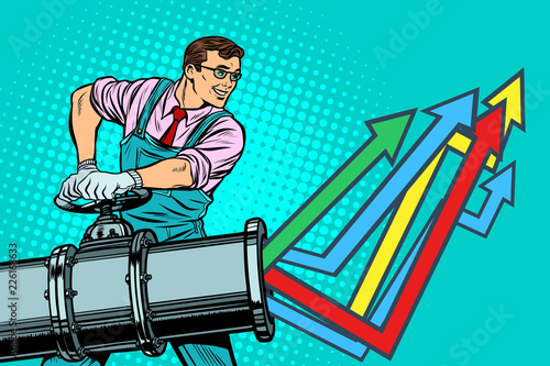 businessman opens pipe, growth chart up