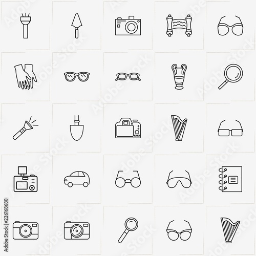 Archeology line icon set with spectacles, harp and flashlight