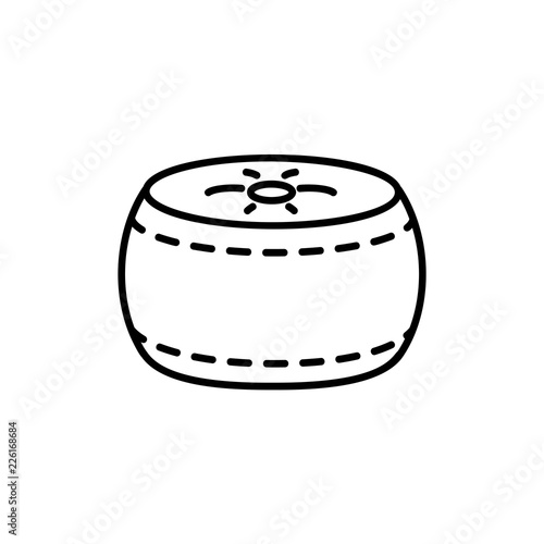 Black & white vector illustration of round fabric ottoman, pouf. Line icon of accent stool or chair. Modern upholstered seat. Living room, bedroom & patio furniture. Isolated on white background.