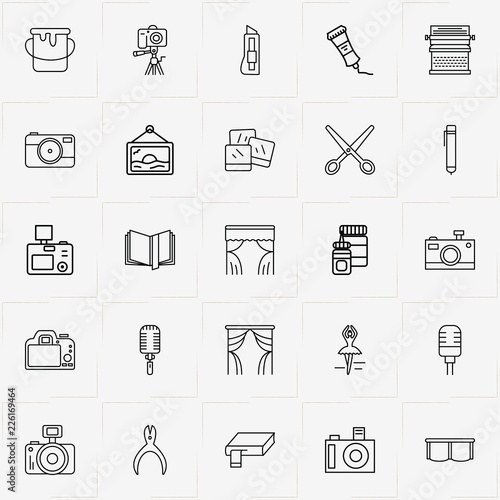 Art line icon set with scissor, cutter and tube