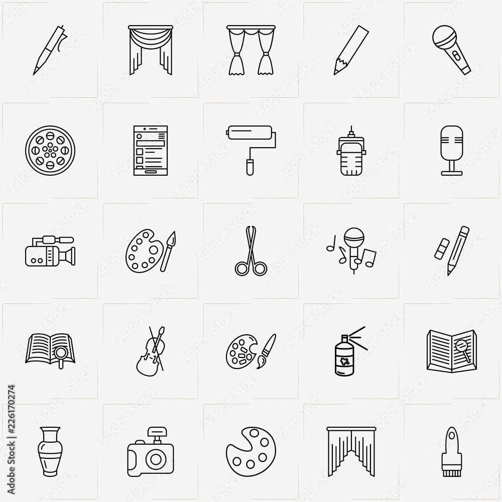 Naklejka premium Art line icon set with vase, microphone and paint spray