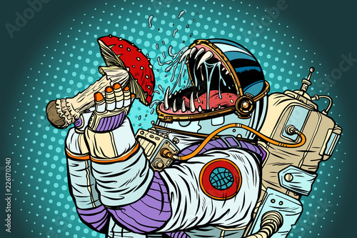 Astronaut monster eats Fly agaric. Greed and hunger of mankind c