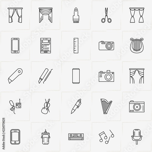Art line icon set with painting brush, smart phone and music notes