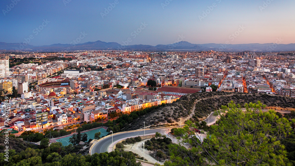 Skyline of Alicante at night in Spain.