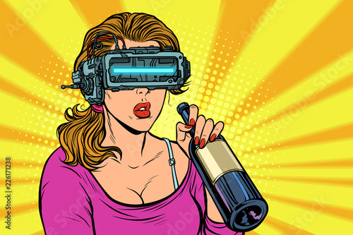 VR glasses. Woman drinking wine from a bottle. Loneliness and sa