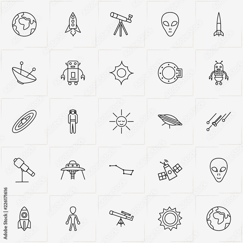 Astronomy line icon set with robot, saturn and asteroid