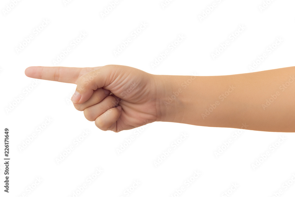 Human hand in forefinger pointer, touch, strike slightly or command gesture isolate on white background with clipping path Human hand in forefinger pointer, touch, strike slightly or command gesture isolate on white background with clipping path