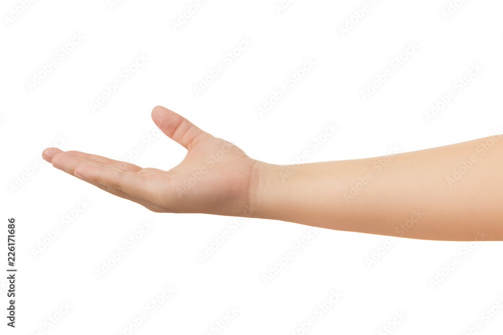 Side view of human hand in reach out one's hand gesture isolate on white background with clipping path, Low contrast for retouch or graphic design Side view of human hand in reach out one's hand gesture isolate on white background with clipping path, Low contrast for retouch or graphic design