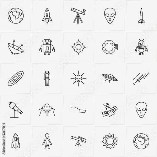 Astronomy line icon set with robot, saturn and asteroid