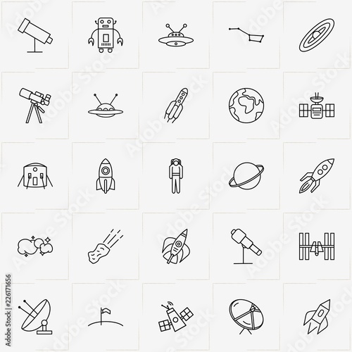 Astronomy line icon set with unknown flying object, saturn and rocket