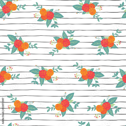 Seamless repeat flower bouquets on black and white stripes vector pattern background. Pink, yellow, orange abstract roses and foilage on hand drawn lines. Vintage design for fabric, paper, pagefill photo