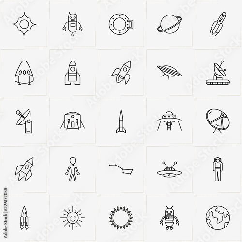 Astronomy line icon set with spacecraft, space porthole and saturn