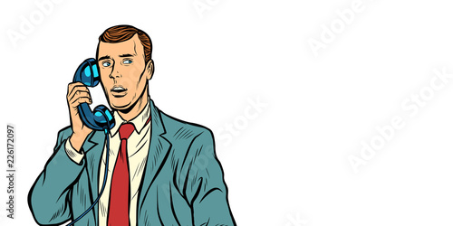 man talking on a retro phone. Isolate on white background