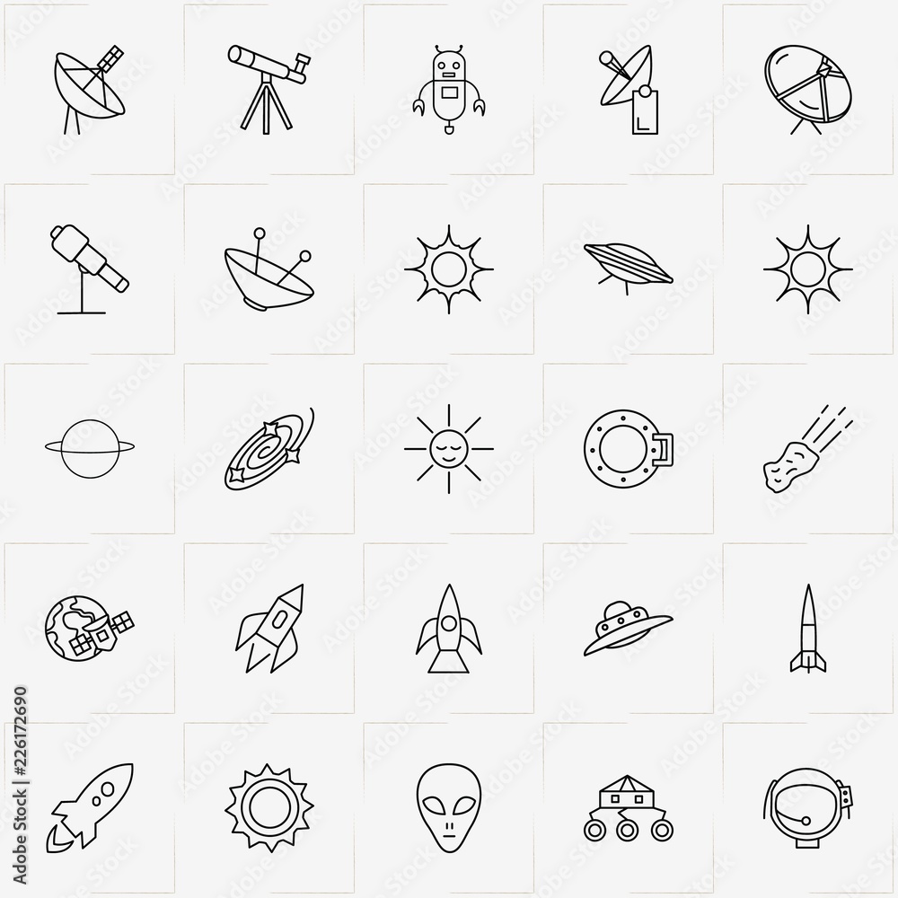Astronomy line icon set with robot, unknown flying object and satellite