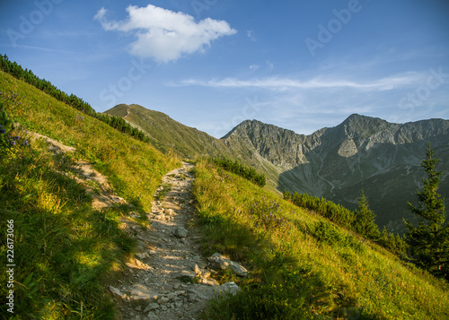 A beautiful hiking trail in the mountains. Mountain landscape in Tatry, Slovakia. Walking path scenery.