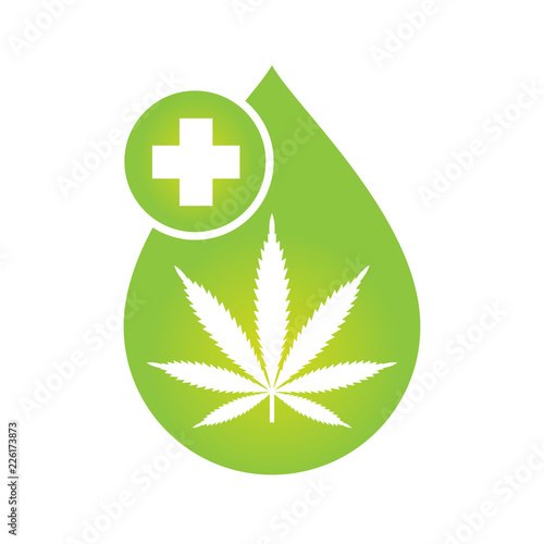 Medical Cannabis oil icon design with Marijuana leaf and hemp oil drop. CBD oil cannabis extract. Icon product label and logo graphic template. Isolated vector illustration on white background.