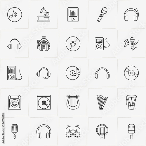 Audio line icon set with headphone, audio surrounding and harp