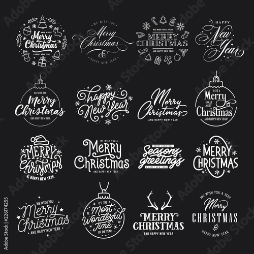 Merry Christmas and Happy New Year typography set. Vector vintage illustration.