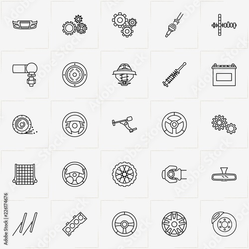 Auto Parts line icon set with air filter, crankshaft and car wipers