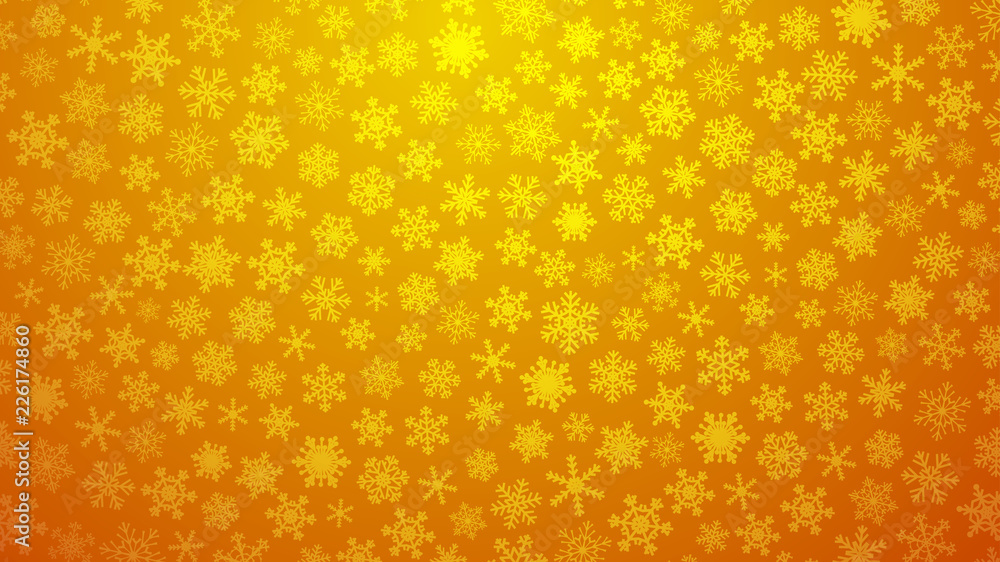 Christmas illustration with various small snowflakes on gradient background in yellow colors