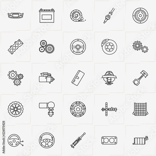 Auto Parts line icon set with accumulator, mechanism and auto part