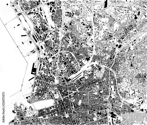 Mappa satellitare di Marsiglia, Francia, strade della città. Stradario e mappa del centro città
