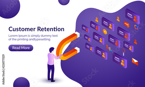 Customer Retention responsive web template design, miniature businessman attract customer through magnet, isometric illustration for business advertisement concept.
