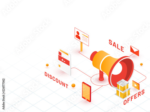 3D megaphone with best discount offers to attract buyers, online purchasing facility, isometric design for business advertisement concept.