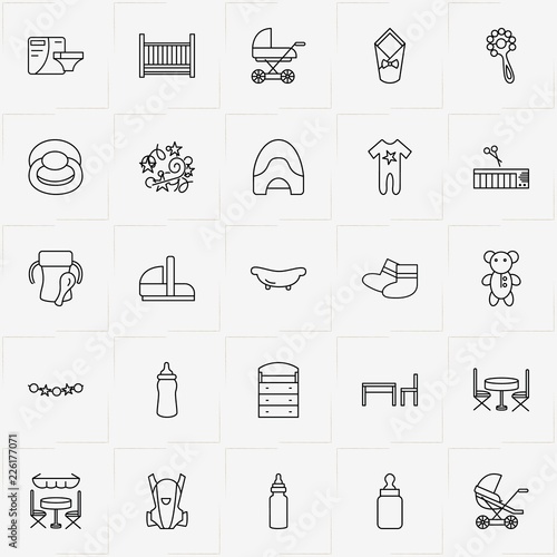 Baby Care line icon set with baby overalls, baby potty and garlands