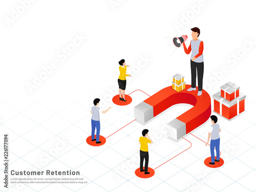 Business people holding megaphone for announcement, magnet attract customers with best offer. Responsive web template design.