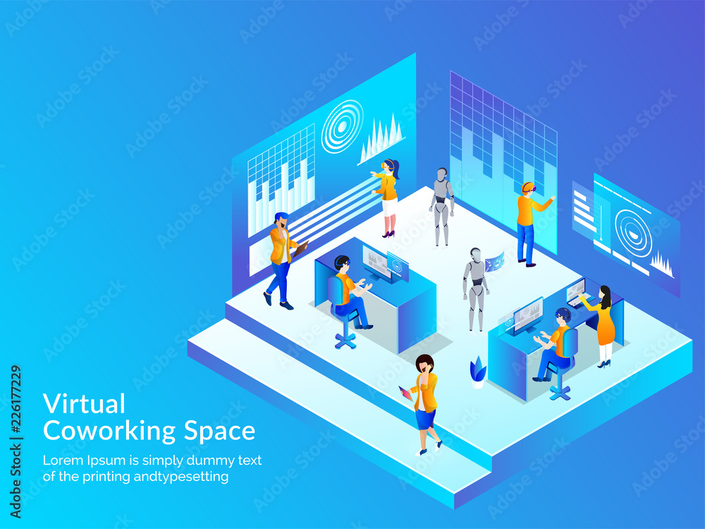 Virtual Co-Working Space concept with isometric illustration of people working together at distant place, analysis data through VR glasses. Responsive web template design.