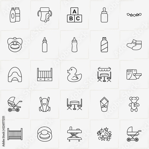 Baby Care line icon set with table with chair, baby potty and baby stroller