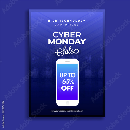 Cyber Monday sale template design with 65% discount offer on smartphone screen on blue background.
